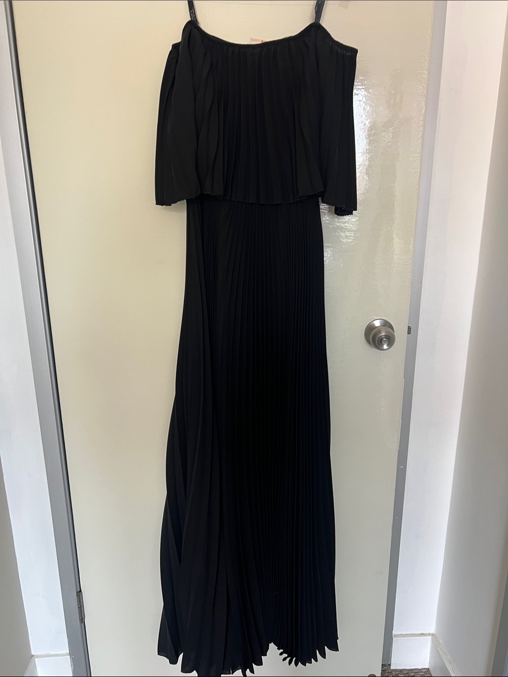 Black Off-Shoulder Pleated Maxi Dress